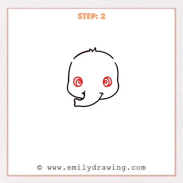 how to draw a baby elephant - Step 2: Baby elephant head with two big eyes and small highlights.